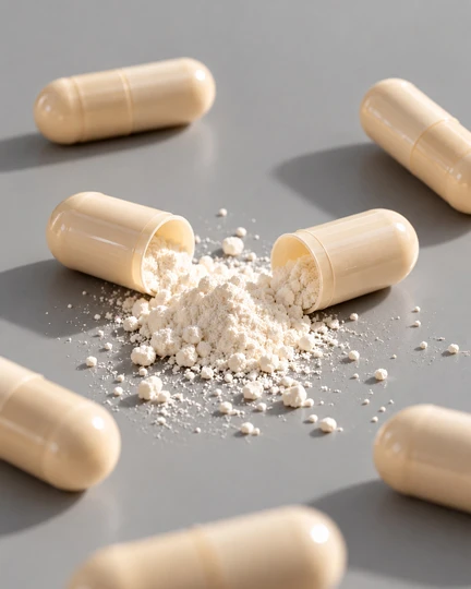 Cápsulas bege de medicamento manipulado, uma delas aberta com o pó da fórmula sobre uma superfície cinza.