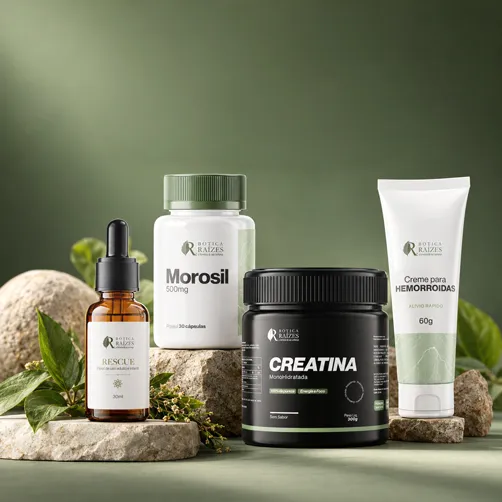 Produtos manipulados da Botica Raízes: Morosil 500 mg, creatina monohidratada, Rescue e creme para hemorroidas.