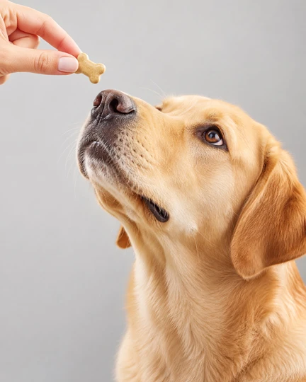 Cachorro da raça Golden Retriever olhando para um petisco em formato de osso oferecido por uma pessoa.