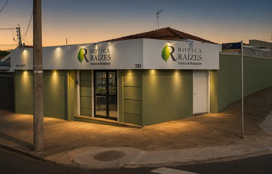 Fachada da Botica Raízes, farmácia de manipulação com identidade visual verde, letreiro iluminado e entrada de vidro.